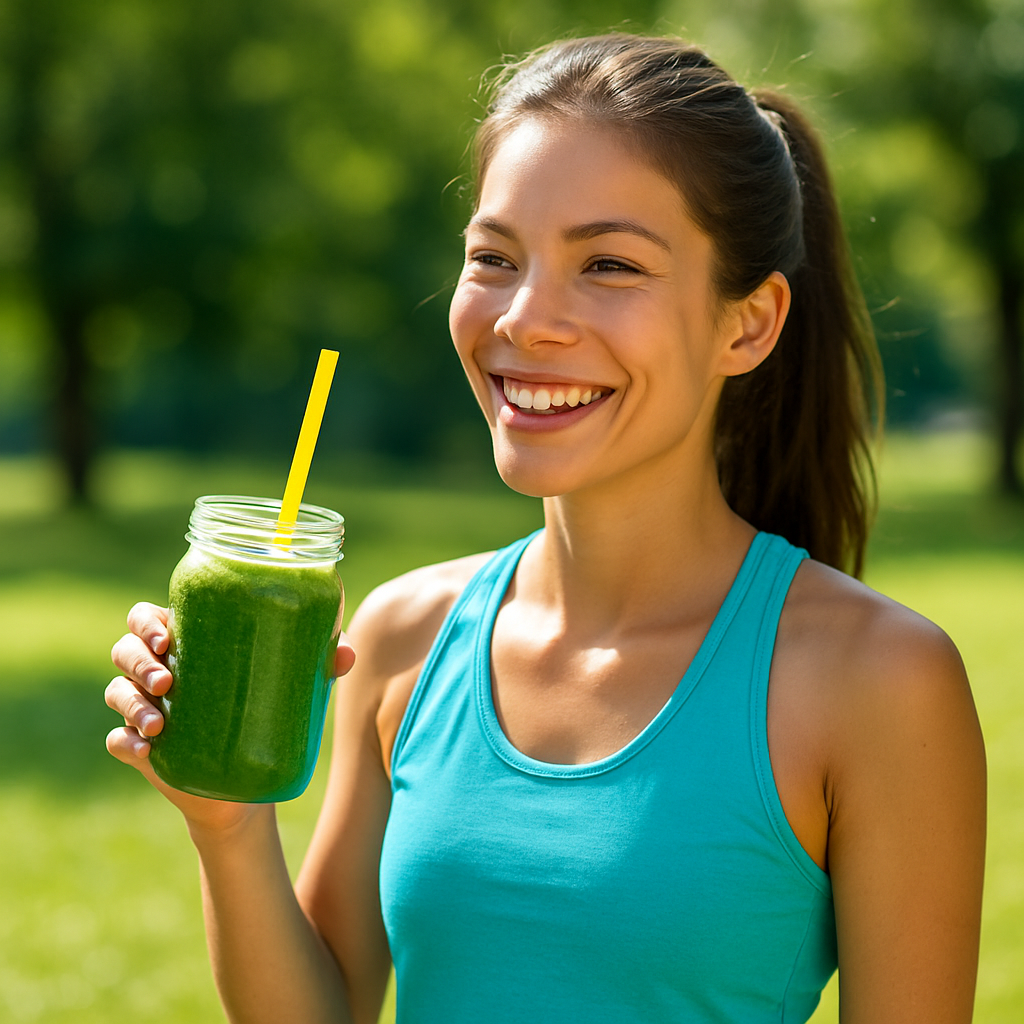 Happy smoothie user Smiling woman with smoothie